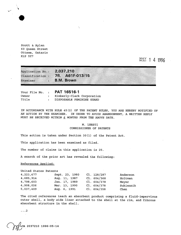 Canadian Patent Document 2037210. Prosecution Correspondence 19960514. Image 1 of 2