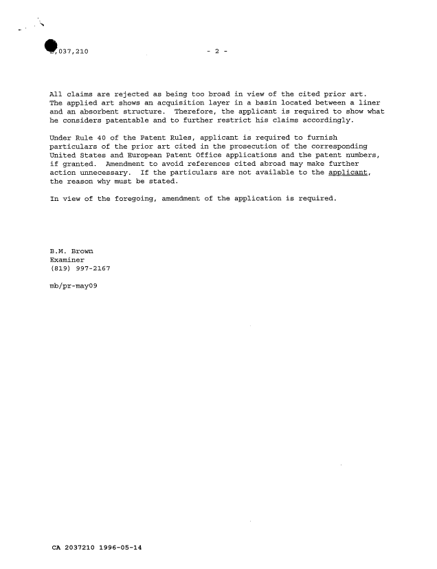 Document de brevet canadien 2037210. Correspondance de la poursuite 19960514. Image 2 de 2