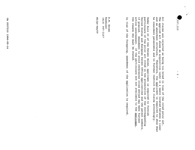 Canadian Patent Document 2037210. Prosecution Correspondence 19960514. Image 2 of 2