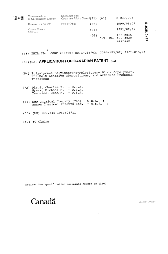 Canadian Patent Document 2037926. Cover Page 19940404. Image 1 of 1