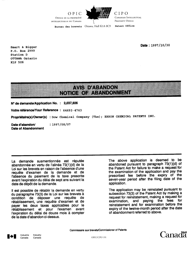 Canadian Patent Document 2037926. Fees 19971030. Image 1 of 1