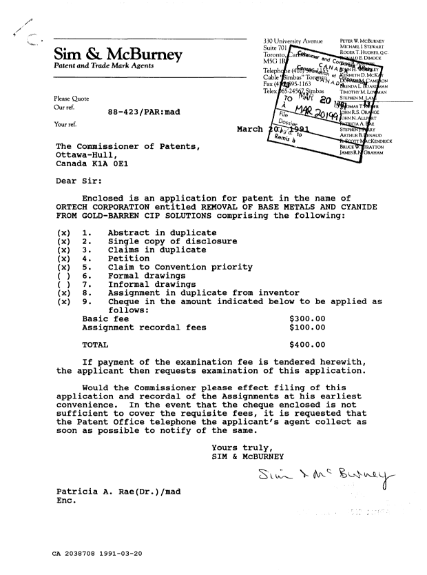 Canadian Patent Document 2038708. Assignment 19901220. Image 1 of 5