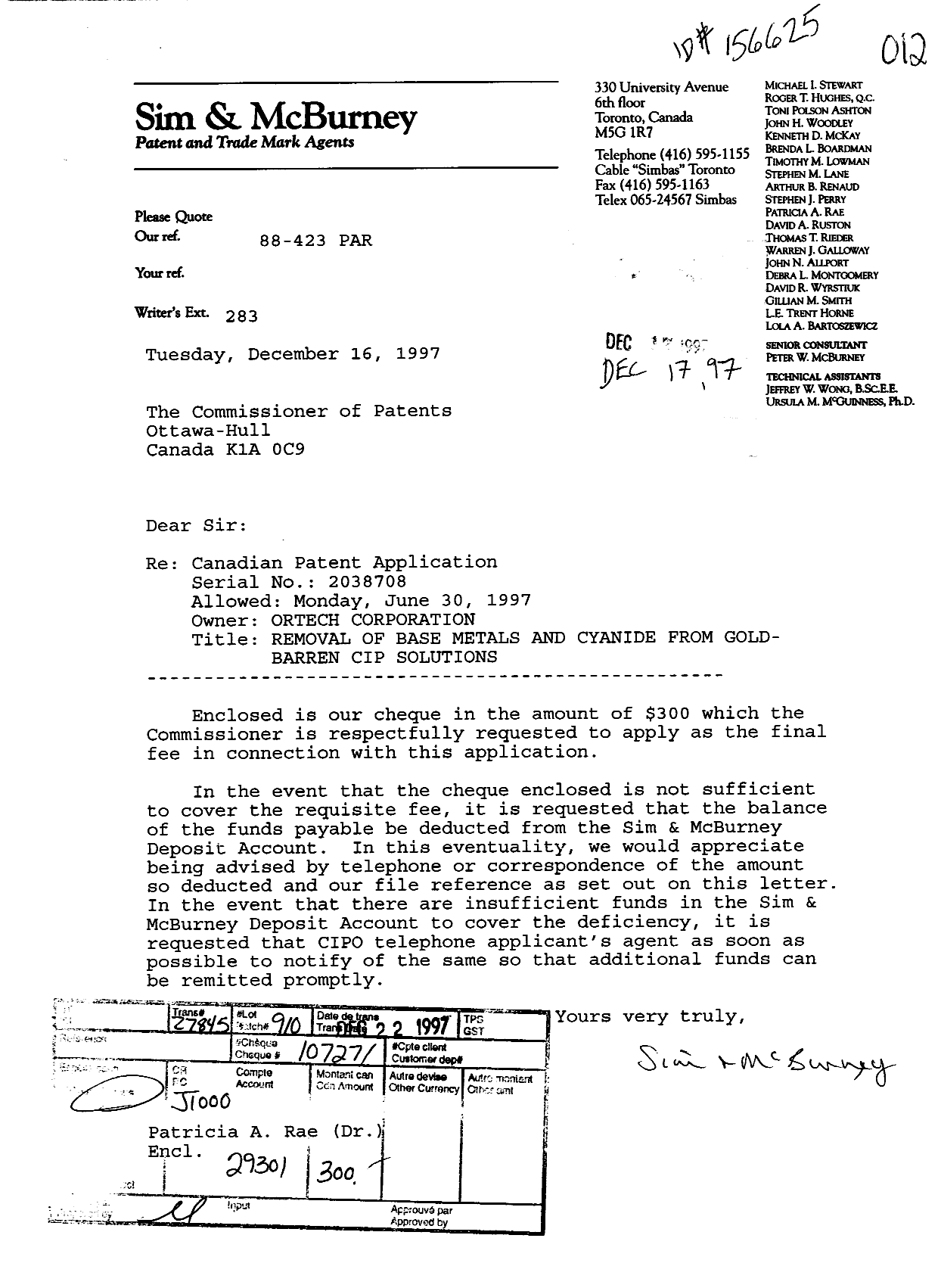 Canadian Patent Document 2038708. Correspondence 19961217. Image 1 of 1