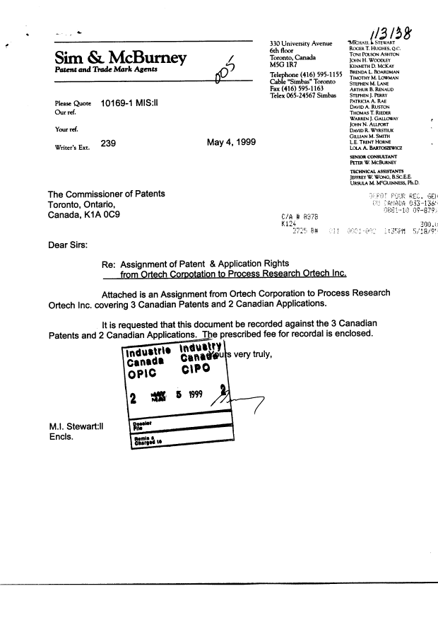 Canadian Patent Document 2038708. Assignment 19981205. Image 1 of 4