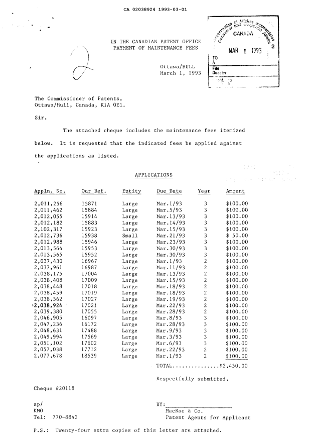 Document de brevet canadien 2038924. Taxes 19930301. Image 1 de 1