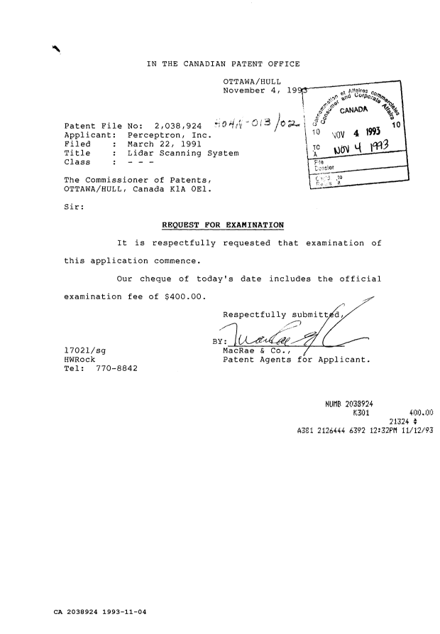 Document de brevet canadien 2038924. Correspondance de la poursuite 19931104. Image 1 de 1