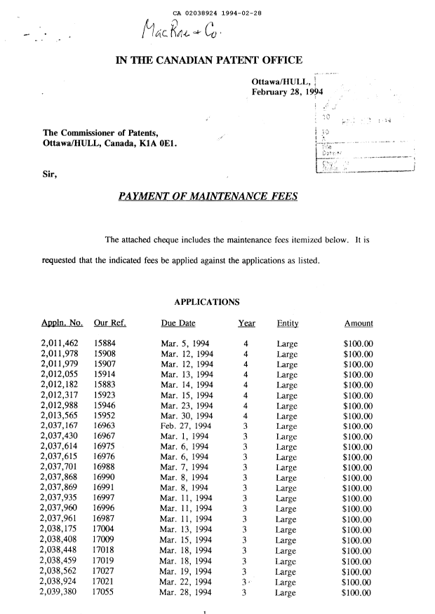 Document de brevet canadien 2038924. Taxes 19940228. Image 1 de 1