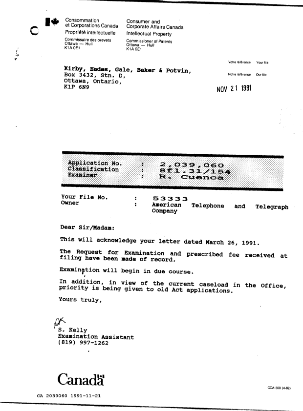 Document de brevet canadien 2039060. Lettre du bureau 19911121. Image 1 de 1