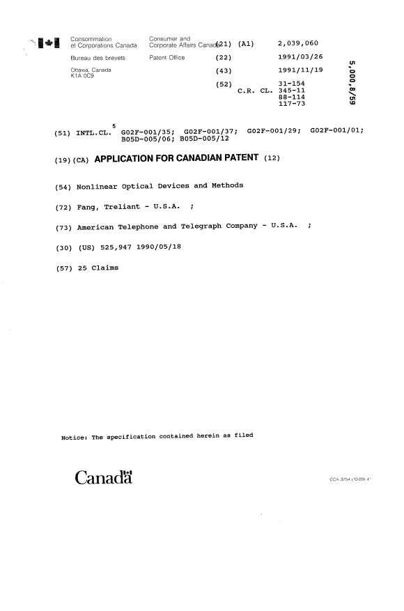 Canadian Patent Document 2039060. Cover Page 19940301. Image 1 of 1