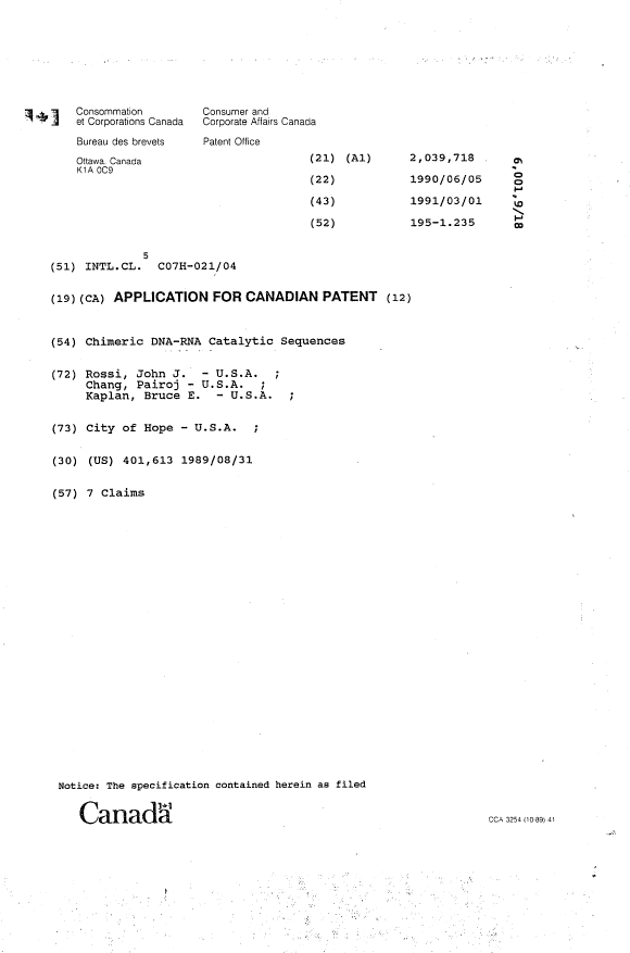Canadian Patent Document 2039718. Cover Page 19940326. Image 1 of 1