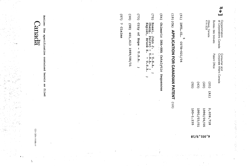 Canadian Patent Document 2039718. Cover Page 19940326. Image 1 of 1