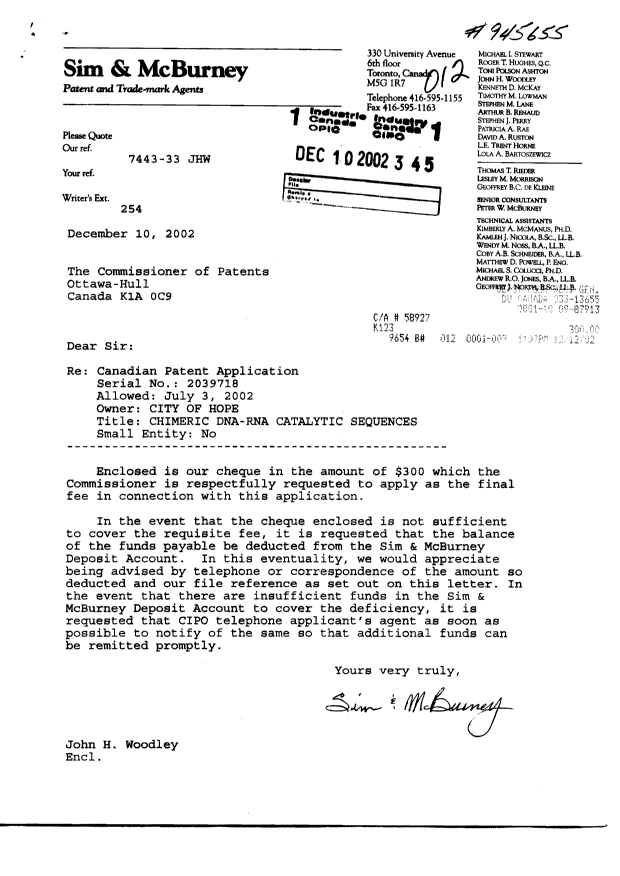 Canadian Patent Document 2039718. Correspondence 20021210. Image 1 of 1