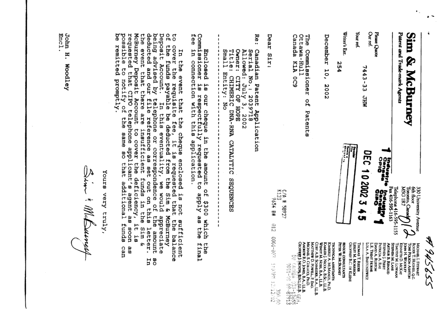Canadian Patent Document 2039718. Correspondence 20021210. Image 1 of 1