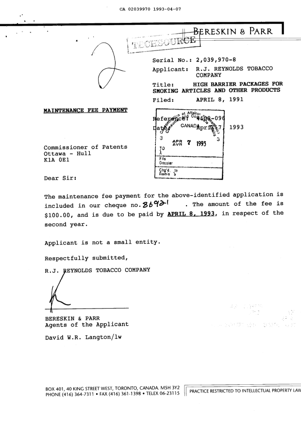 Document de brevet canadien 2039970. Taxes 19930407. Image 1 de 1