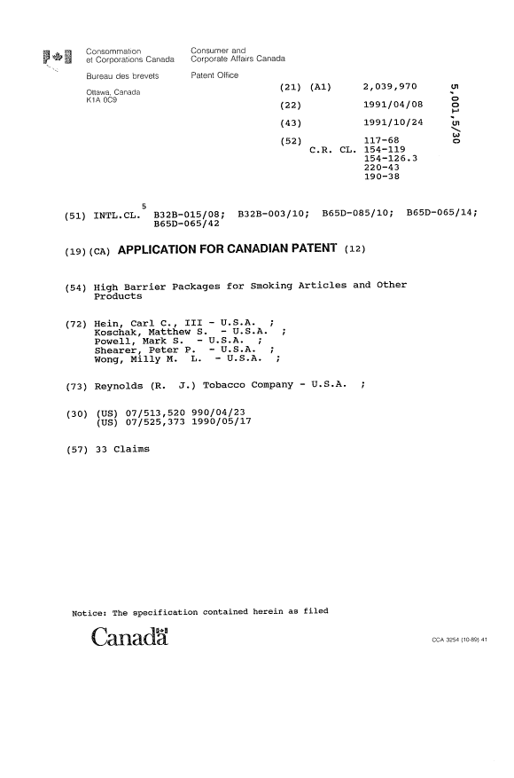 Canadian Patent Document 2039970. Cover Page 19940302. Image 1 of 1