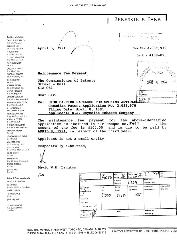 Document de brevet canadien 2039970. Taxes 19940405. Image 1 de 1