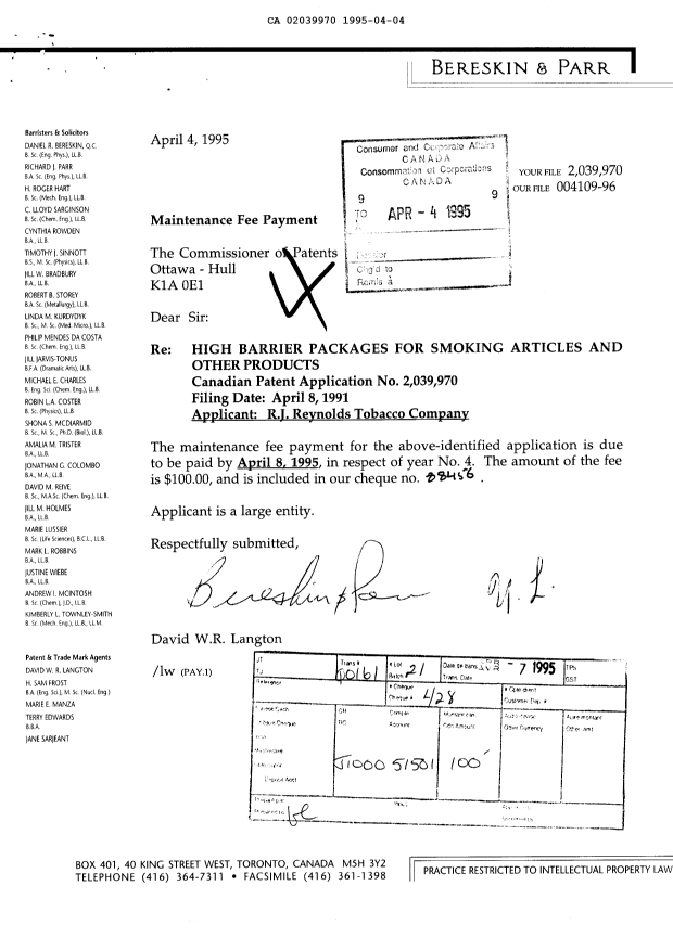 Document de brevet canadien 2039970. Taxes 19950404. Image 1 de 1