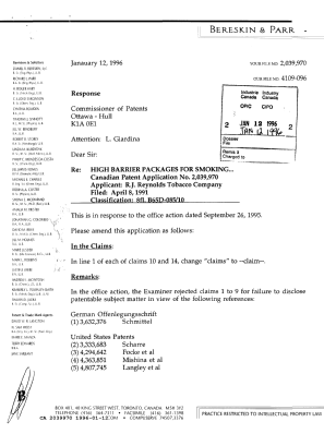 Canadian Patent Document 2039970. Prosecution Correspondence 19960112. Image 1 of 5