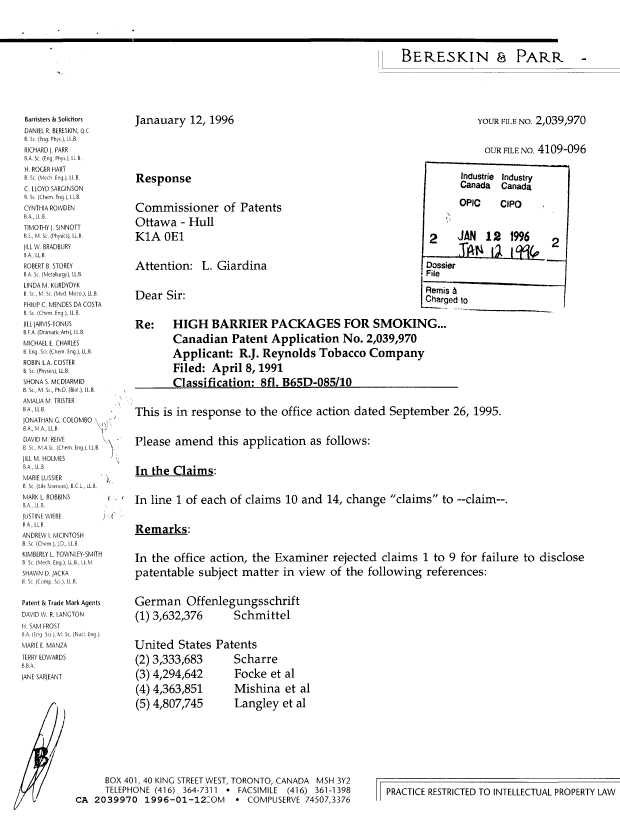 Document de brevet canadien 2039970. Correspondance de la poursuite 19960112. Image 1 de 5