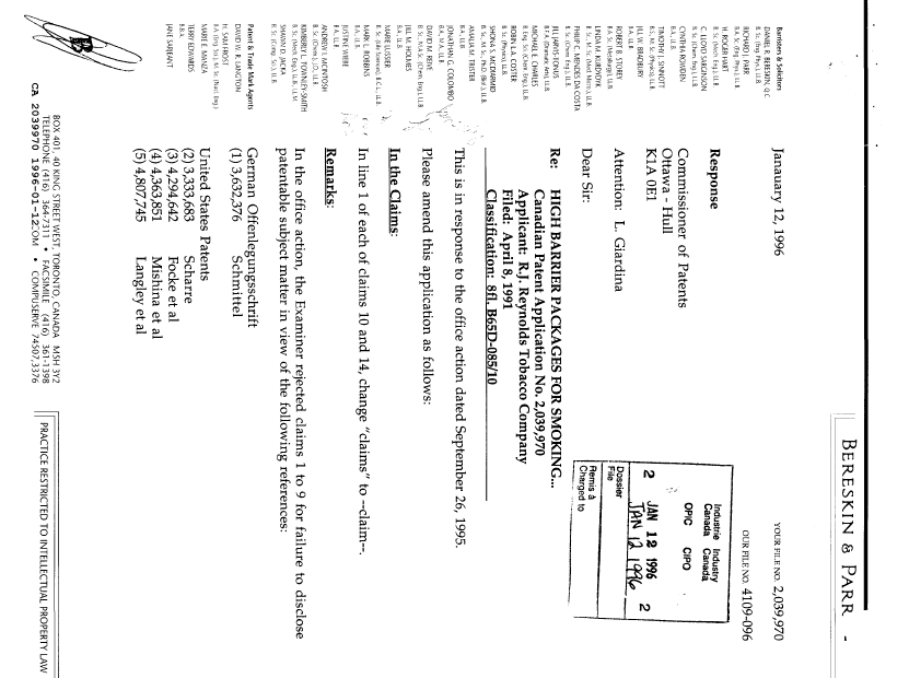 Canadian Patent Document 2039970. Prosecution Correspondence 19960112. Image 1 of 5