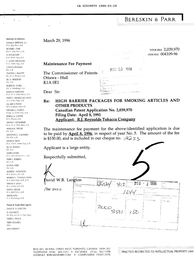 Document de brevet canadien 2039970. Taxes 19960329. Image 1 de 1