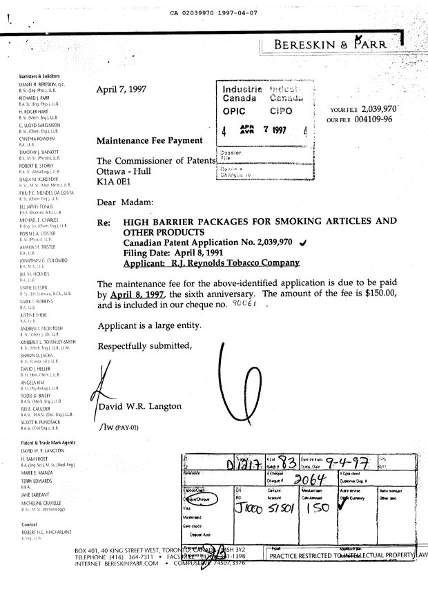 Canadian Patent Document 2039970. Fees 19970407. Image 1 of 1