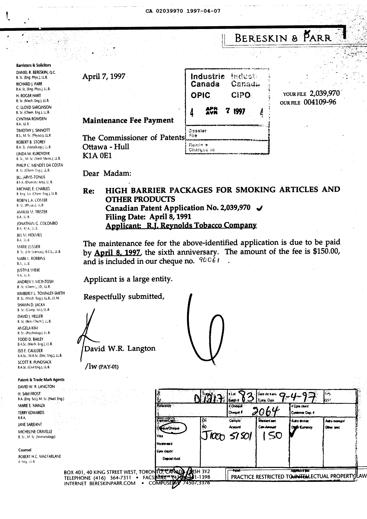 Canadian Patent Document 2039970. Fees 19970407. Image 1 of 1