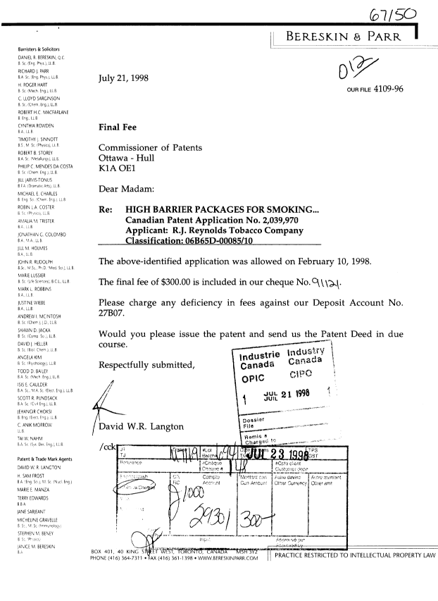 Document de brevet canadien 2039970. Correspondance 19980721. Image 1 de 1