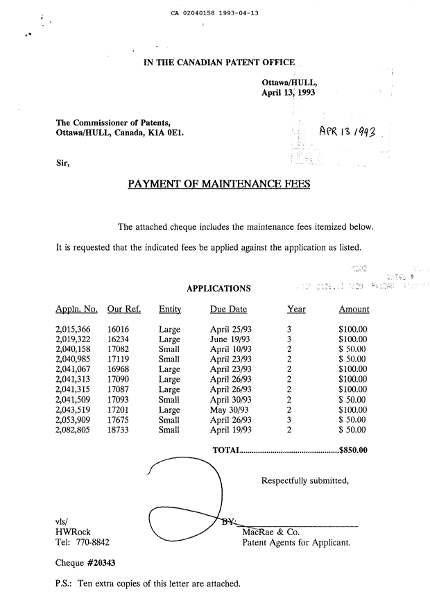 Document de brevet canadien 2040158. Taxes 19930413. Image 1 de 1