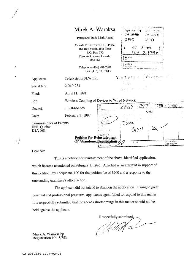 Document de brevet canadien 2040234. Correspondance reliée au PCT 19970203. Image 1 de 2