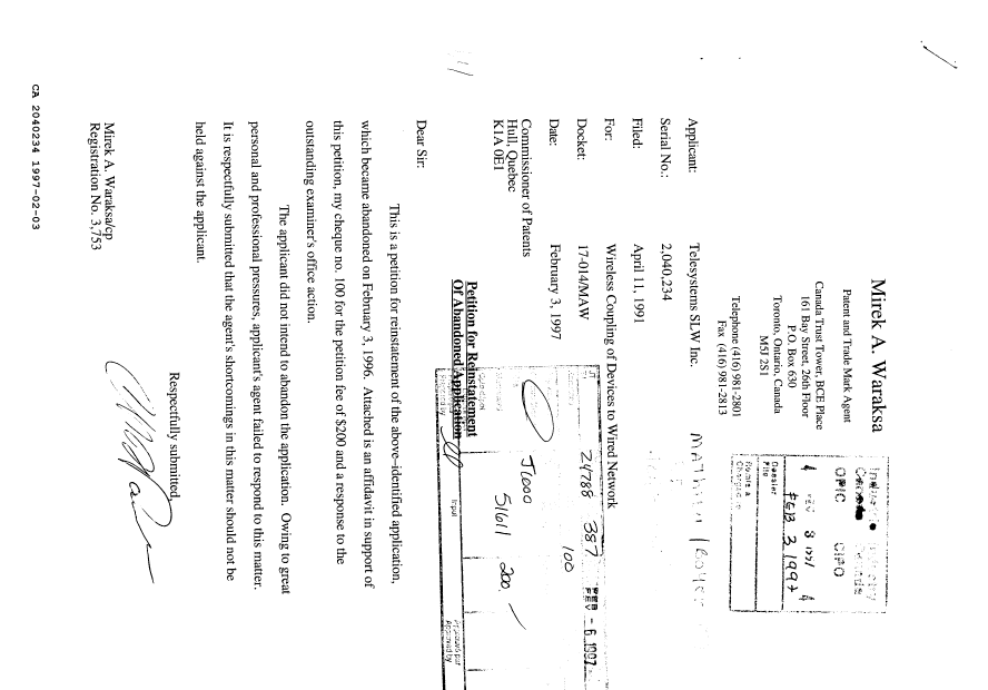 Canadian Patent Document 2040234. PCT Correspondence 19970203. Image 1 of 2