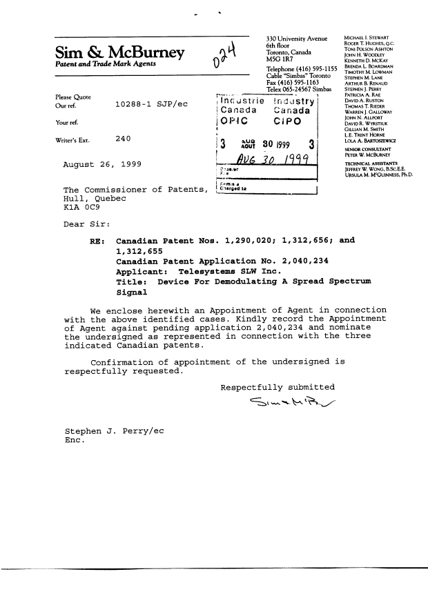 Canadian Patent Document 2040234. Correspondence 19990830. Image 1 of 3