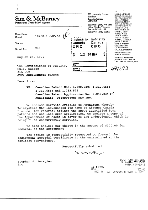 Canadian Patent Document 2040234. Assignment 19990830. Image 1 of 5
