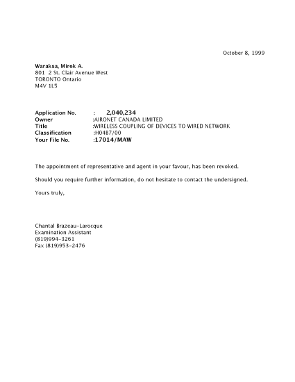 Document de brevet canadien 2040234. Correspondance 19991008. Image 1 de 1