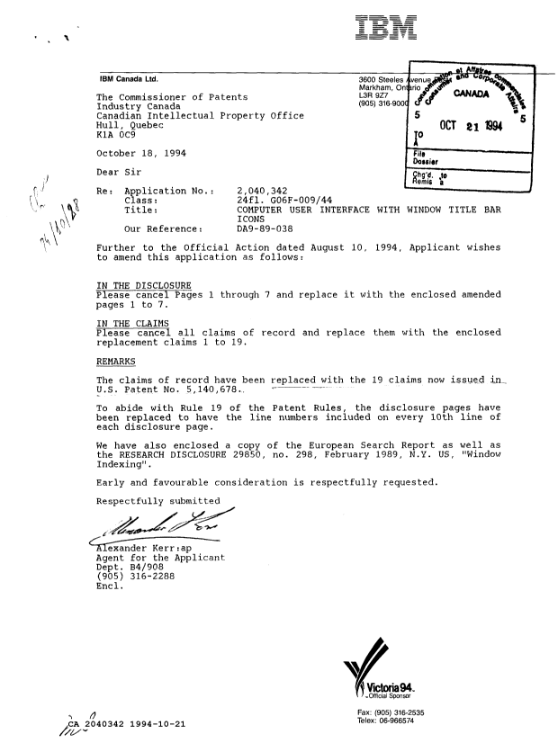 Document de brevet canadien 2040342. Correspondance de la poursuite 19941021. Image 1 de 4
