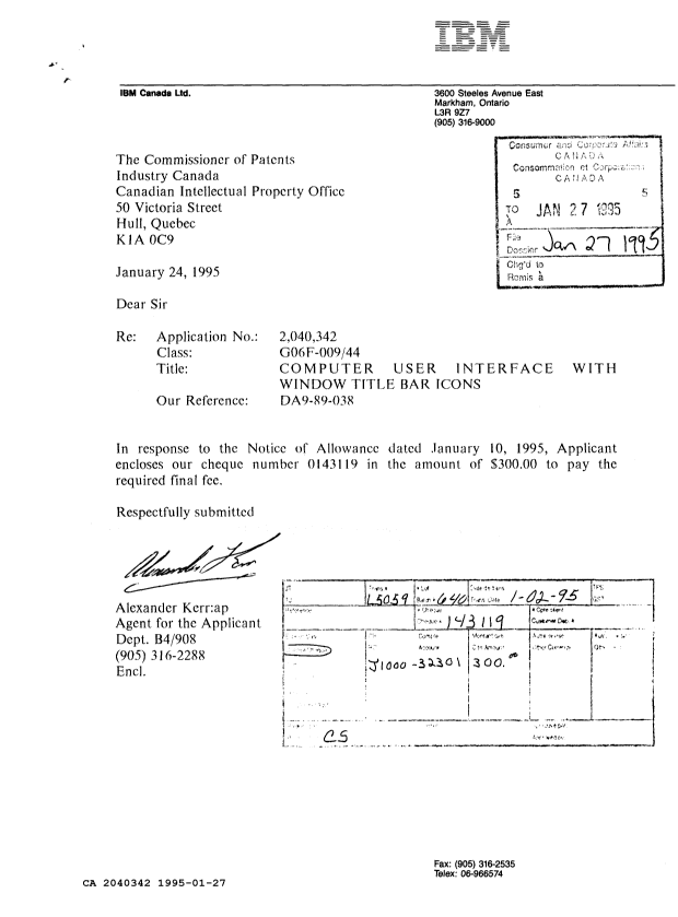 Document de brevet canadien 2040342. Correspondance reliée au PCT 19950127. Image 1 de 1