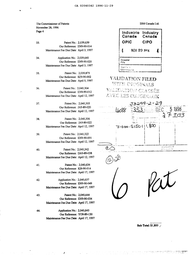 Document de brevet canadien 2040342. Taxes 19961129. Image 1 de 1