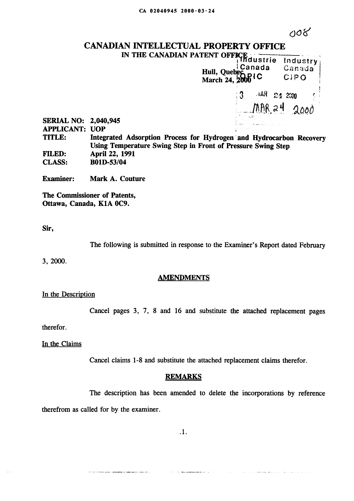 Canadian Patent Document 2040945. Prosecution-Amendment 20000324. Image 1 of 14