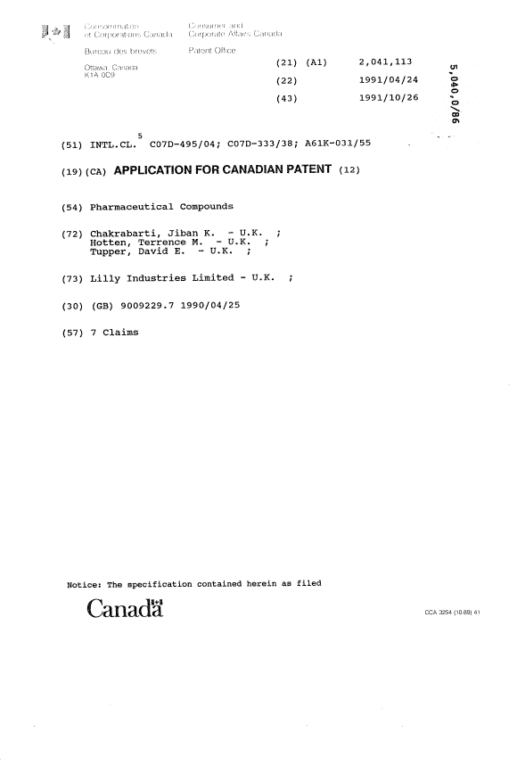 Canadian Patent Document 2041113. Cover Page 19931222. Image 1 of 1
