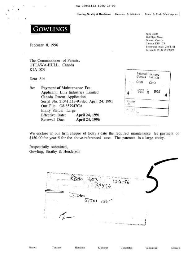 Document de brevet canadien 2041113. Taxes 19951208. Image 1 de 1