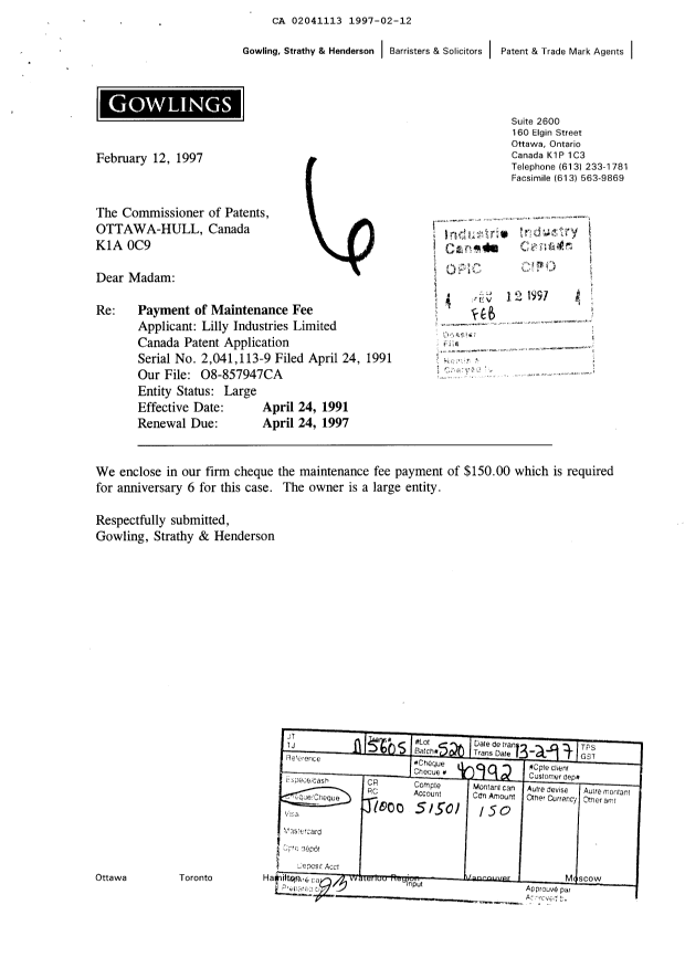 Canadian Patent Document 2041113. Fees 19961212. Image 1 of 1