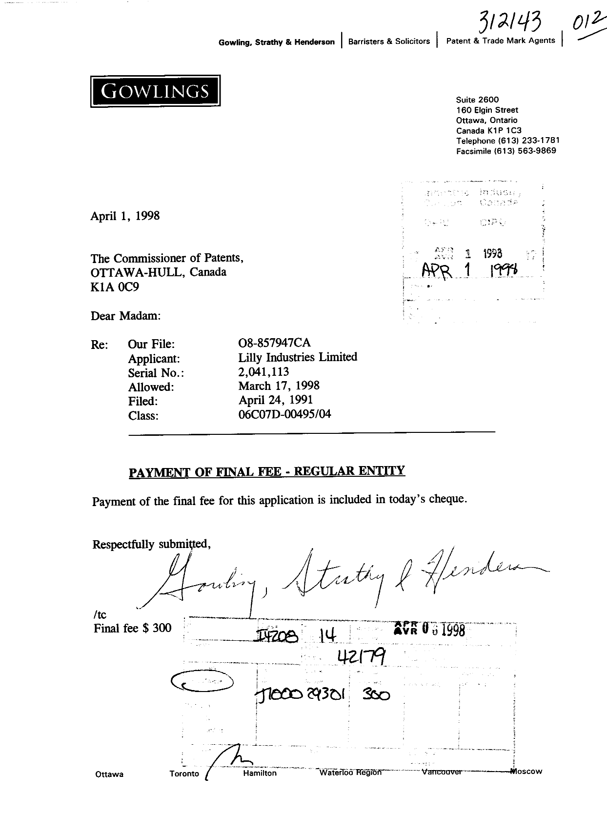 Canadian Patent Document 2041113. Correspondence 19971201. Image 1 of 1
