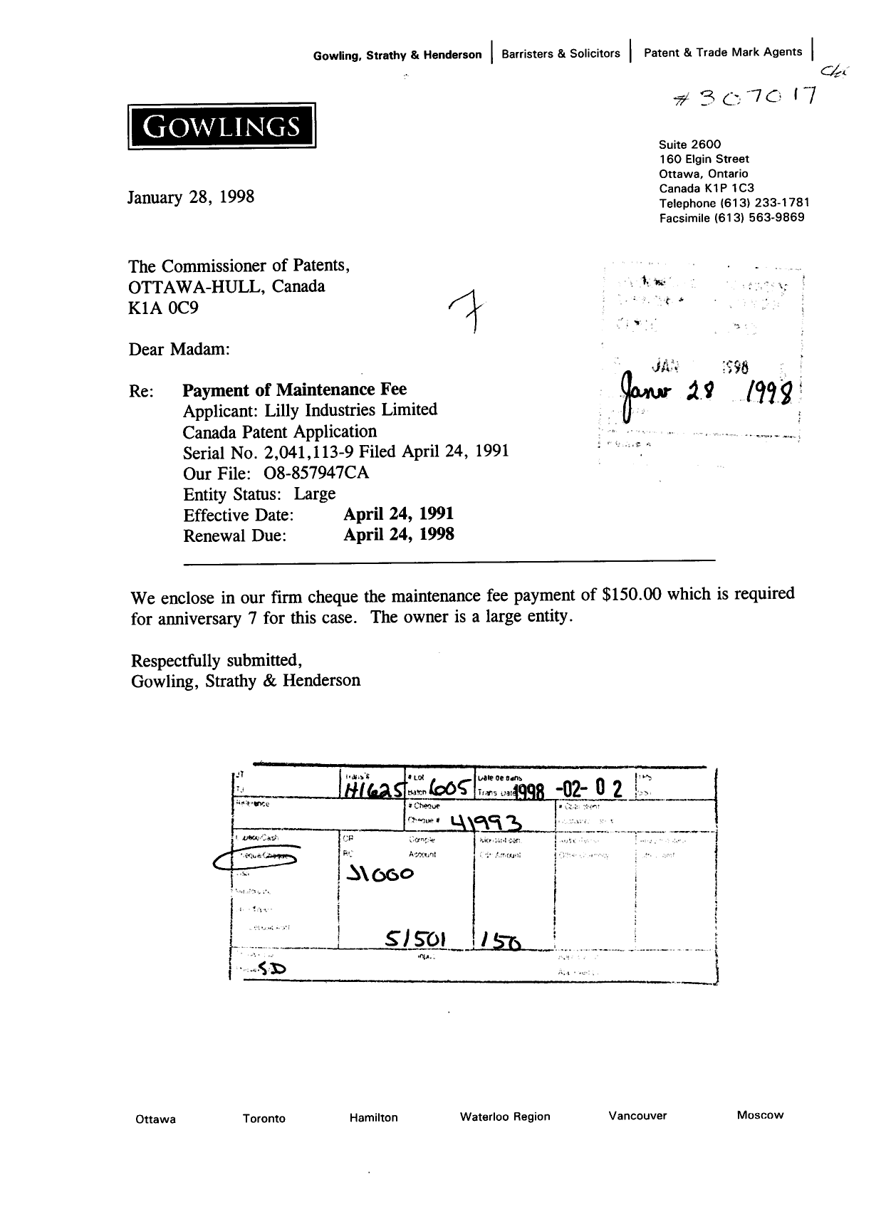 Document de brevet canadien 2041113. Taxes 19971228. Image 1 de 1