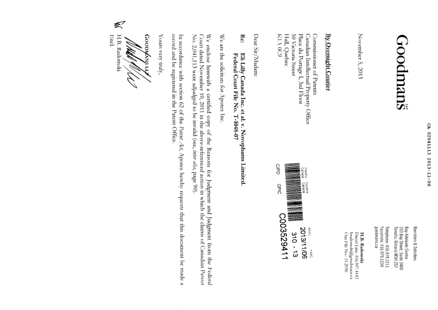Document de brevet canadien 2041113. Correspondance 20121206. Image 1 de 103