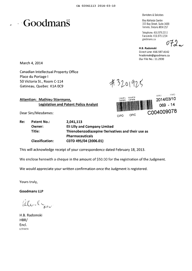 Document de brevet canadien 2041113. Correspondance 20131210. Image 1 de 1