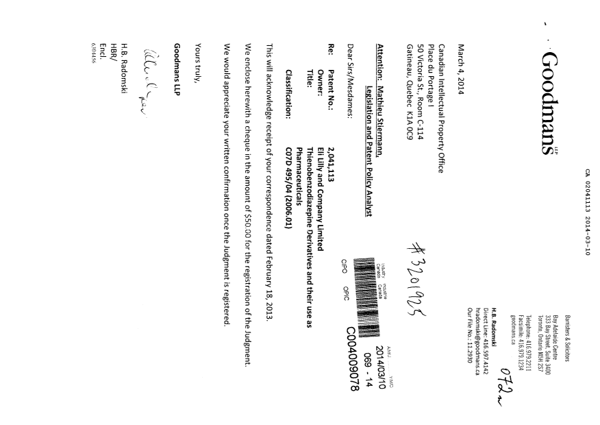 Canadian Patent Document 2041113. Correspondence 20131210. Image 1 of 1