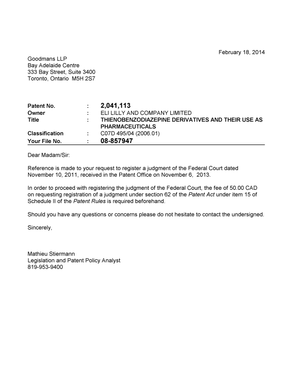 Document de brevet canadien 2041113. Correspondance 20131218. Image 1 de 1