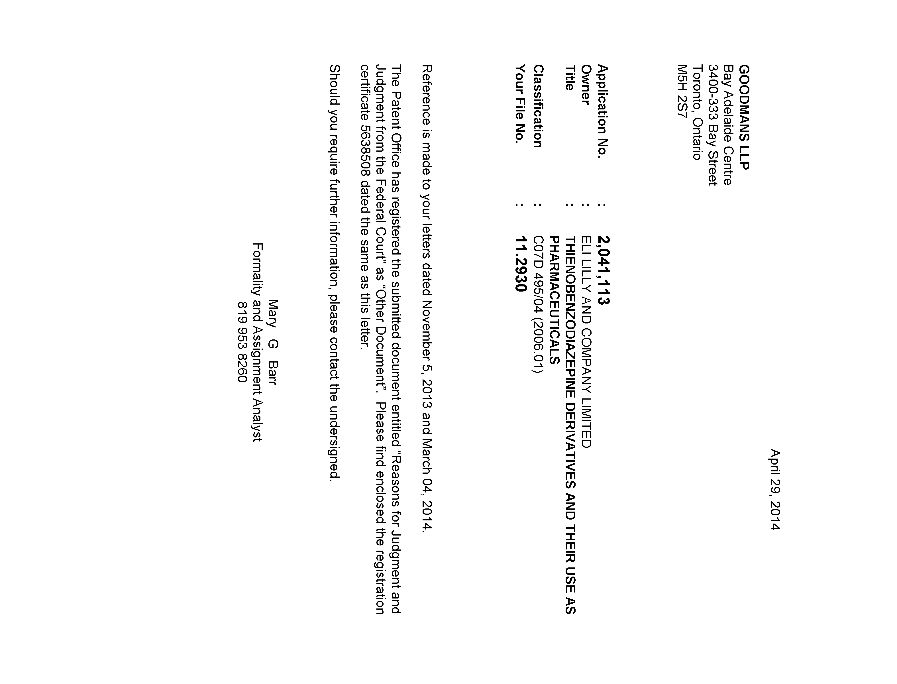 Canadian Patent Document 2041113. Correspondence 20131229. Image 1 of 1