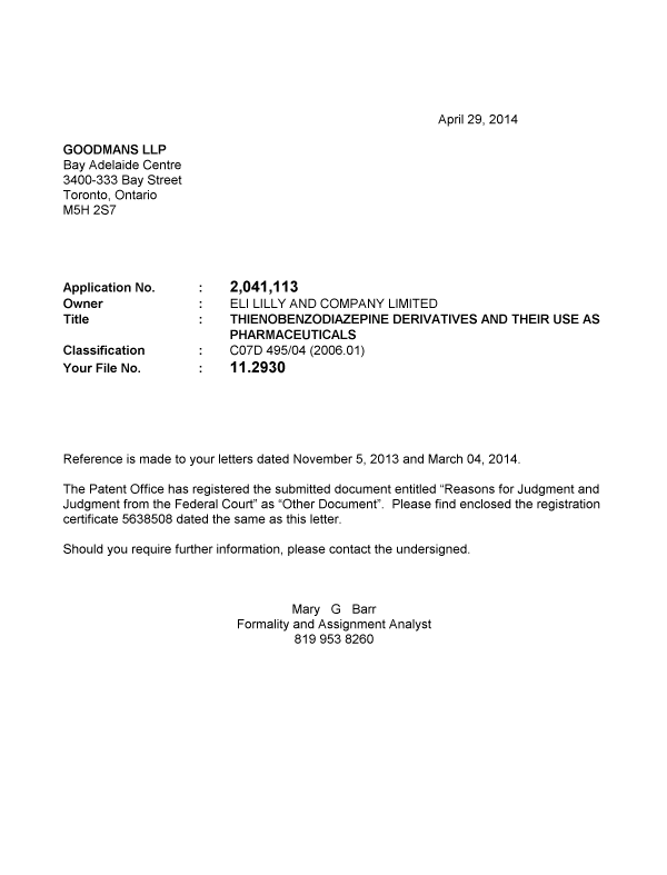 Document de brevet canadien 2041113. Correspondance 20131229. Image 1 de 1