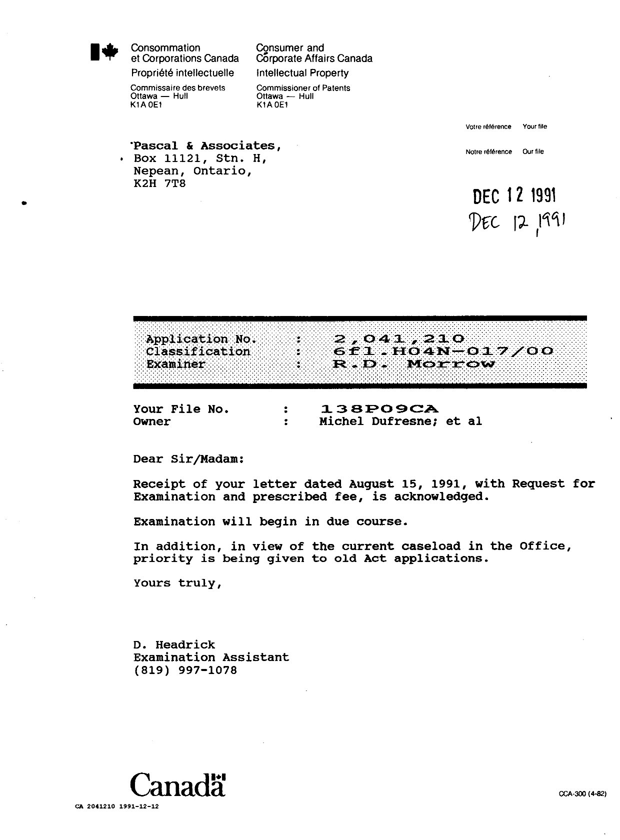 Canadian Patent Document 2041210. Office Letter 19911212. Image 1 of 1